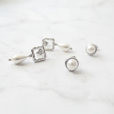 【Pearl】Stud and Dangle Earrings Set of 2