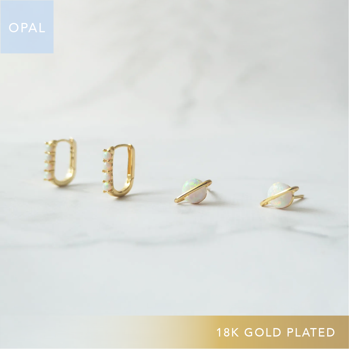 オパールのスタッドピアスと連なりデザインのゴールドピアス2点セット。シルバー925／18Kゴールドプレーティング、金属アレルギー対応。