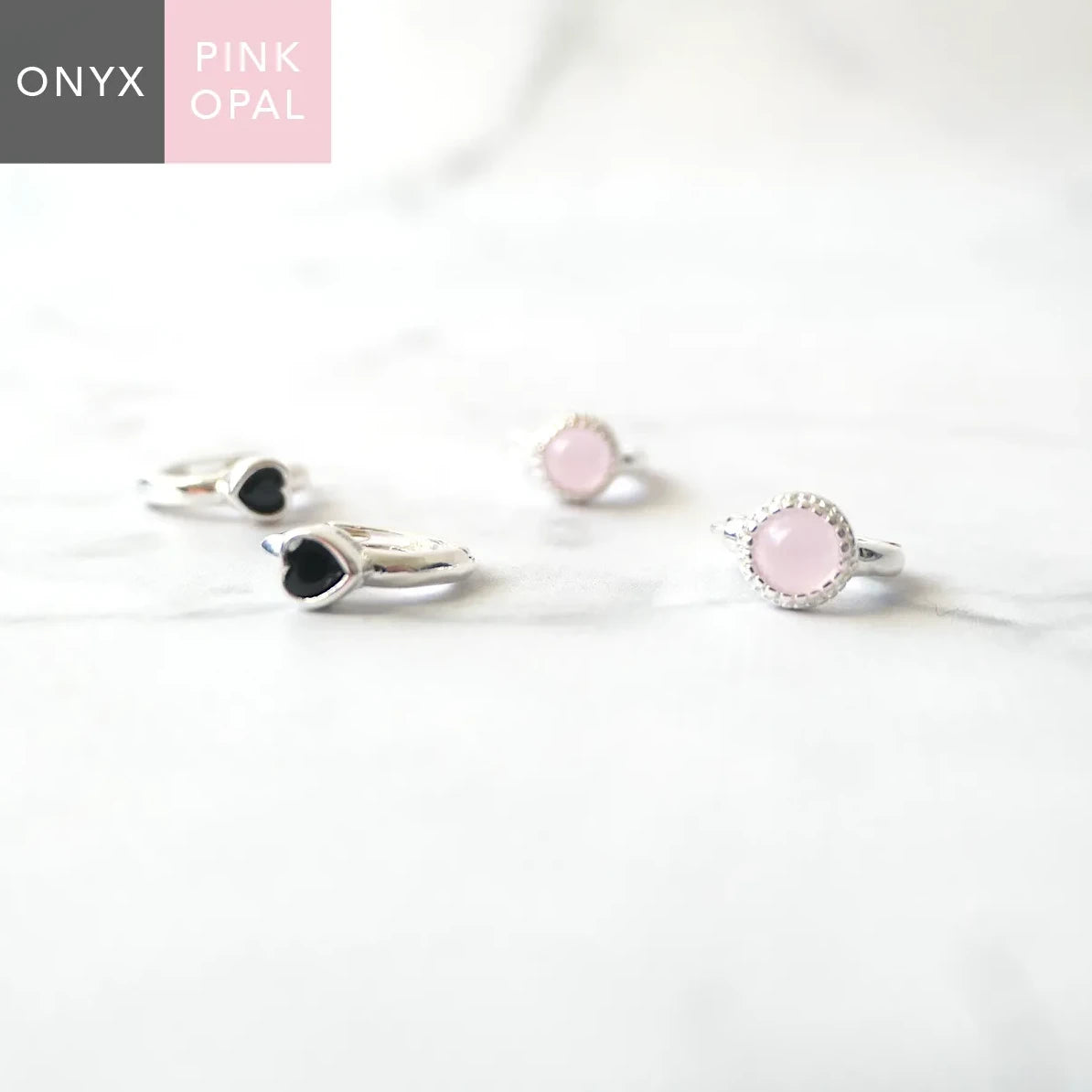 ピンクオパールとオニキスがセットになったシルバー925製ピアス、華やかで落ち着いた印象／金属アレルギー対応